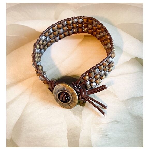 HANDMADE 3 Row Leather and Bead Cuff Bracelet - Picture 2 of 9